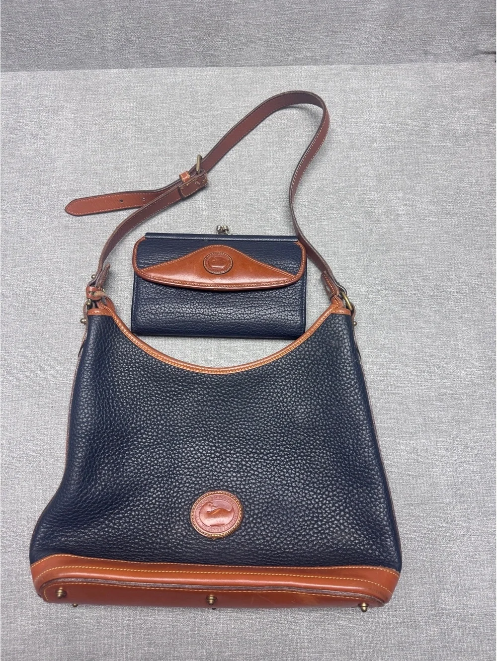 Vintage Dooney & Bourke Leather Navy Shoulder Bag + Matching Wallet
